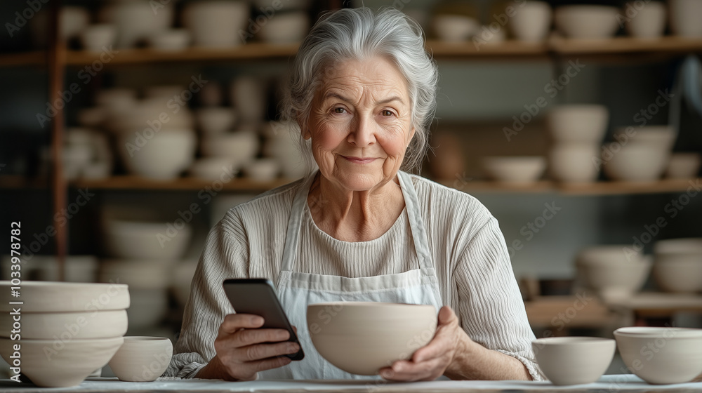 An elderly woman lives streaming handmade pottery from a small studio, using a smartphone to connect with her viewers. An elderly woman lives streaming handmade pottery from a small studio, using a smartphone to connect with her viewers.