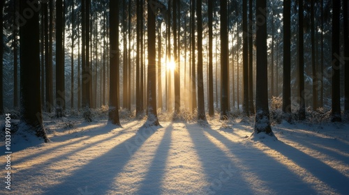 Sunlight Filtering Through Tall Trees in a Snowy Forest photo