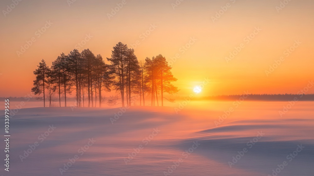 Fototapeta premium Silhouetted Trees Against a Misty Sunrise in a Snowy Landscape