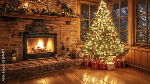 Cozy Christmas Tree by a Fireplace in a Rustic Cabin