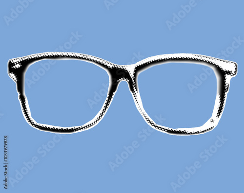 close up of glasses frame pixelate grayscale color halftone dotted texture style collage element isolated on blue background