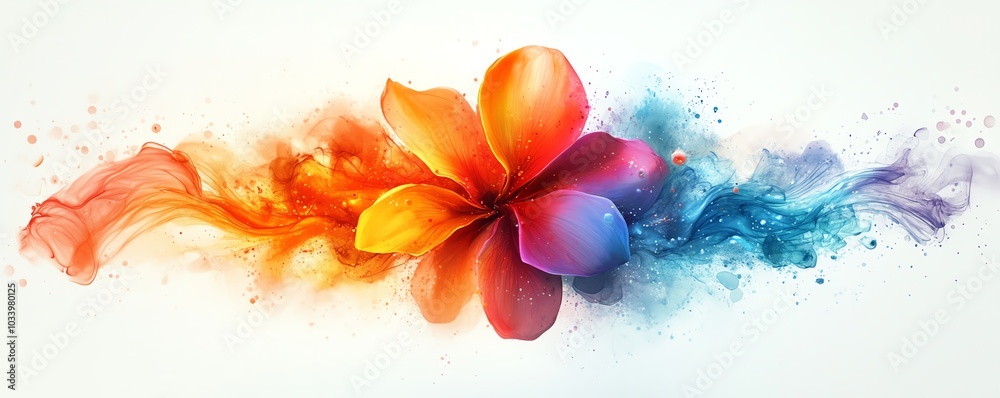 Obraz premium Colorful abstract rainbow ink splatter with swirling designs, fantasy flower texture in watercolor, paint brush stroke explosion, modern vibrant 3D digital art