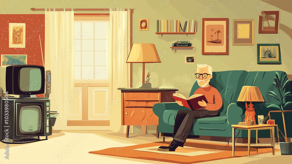 Fototapeta premium vector style that is colorful, simple, and minimalistic, in a cartoon style, elderly man reading a book, sitting in living room. Senior man reading, hobby for retired or old people. Training the mind.