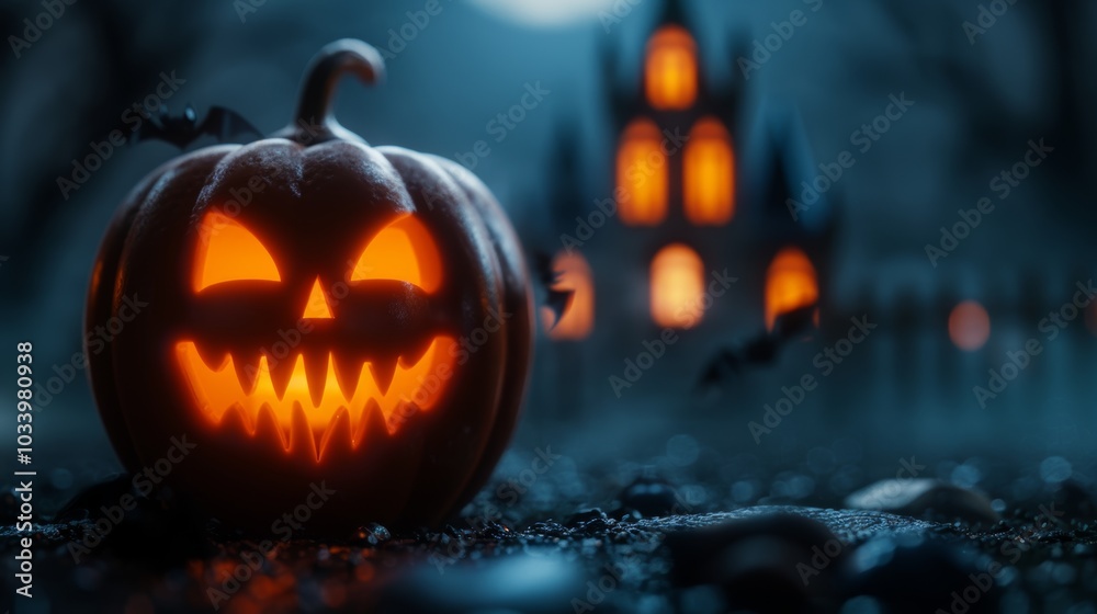 A carved pumpkin lights up with a menacing grin beside a dark castle under a full moon A carved pumpkin lights up with a menacing grin beside a dark castle under a full moon