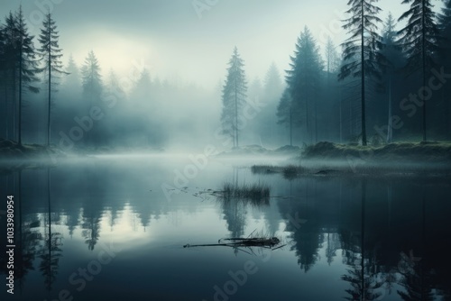 Tranquil scene reflection fog landscape outdoors.