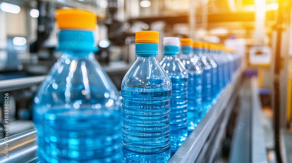 A close-up view of plastic bottles being molded and formed in an industrial setting A close-up view of plastic bottles being molded and formed in an industrial setting