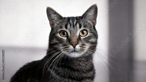 Cute tabby kitten with green eyes is resting at the window