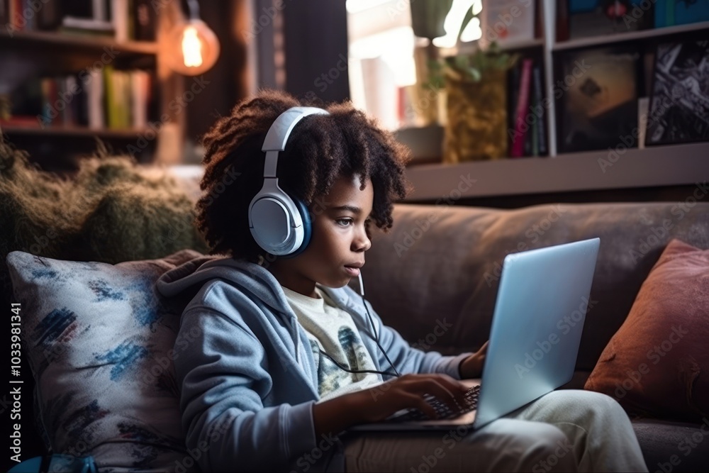 Boy wearing headphones sitting laptop computer. Boy wearing headphones sitting laptop computer.