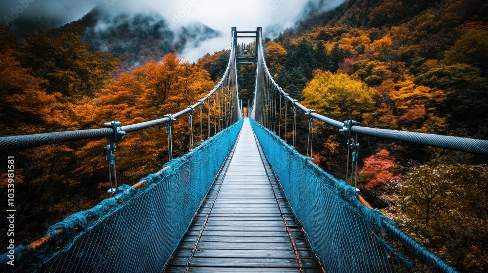 Obraz premium Suspension Bridge Through Autumn Forest with Fog