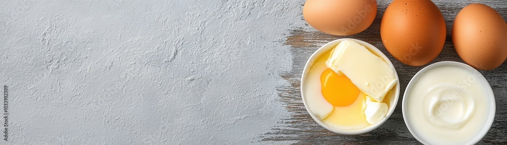 Essential keto ingredients concept for meal preparation. A top-down view of eggs butter and cream arranged on a textured surface ideal for culinary and cooking topics Essential keto ingredients concept for meal preparation. A top-down view of eggs butter and cream arranged on a textured surface ideal for culinary and cooking topics
