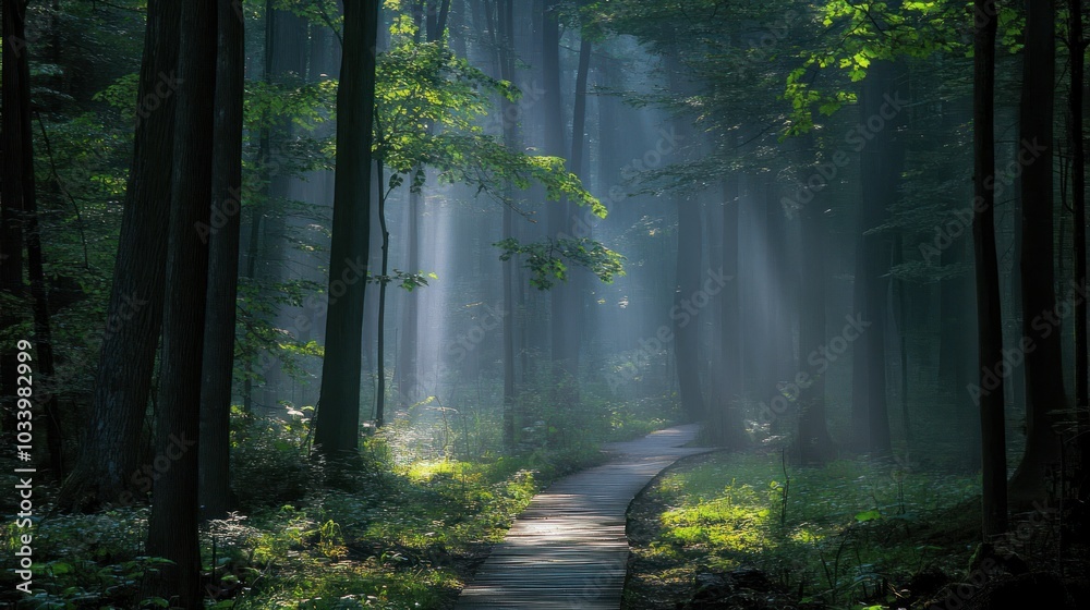 Obraz premium Sunbeams Through the Trees, Illuminating a Forest Path