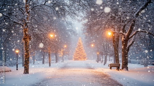 Enchanted Winter Wonderland with Snow and Lights photo