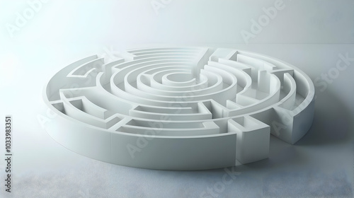 3D Floating White Labyrinth Concept - Medium Shot of Hovering Maze in Space Symbolizing Self-Discovery Journey, Isolated on White Background