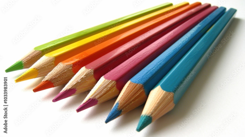 Colorful pencils arranged in row, showcasing vibrant hues of green, yellow, orange, pink, and blue. Perfect for artistic expression and creativity Colorful pencils arranged in row, showcasing vibrant hues of green, yellow, orange, pink, and blue. Perfect for artistic expression and creativity