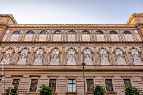 Vienna, Austria - July 23, 2024: Building facades in the early morning in Vienna
 photo