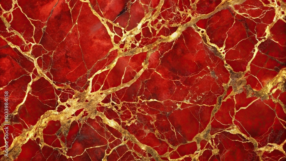 Abstract red marble texture with gold highlights