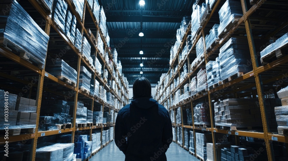 Employee examining the arrangement of goods on racks, large warehouse, back view Employee examining the arrangement of goods on racks, large warehouse, back view