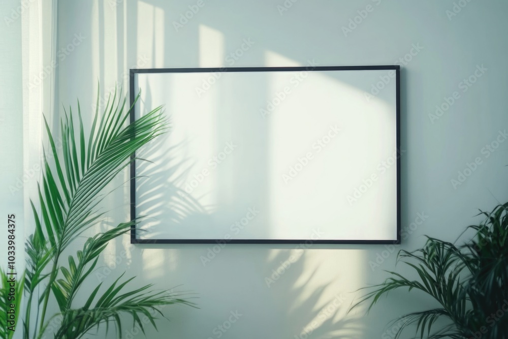 A decorative picture frame hangs on the wall next to a small potted plant, adding some greenery to the space A decorative picture frame hangs on the wall next to a small potted plant, adding some greenery to the space
