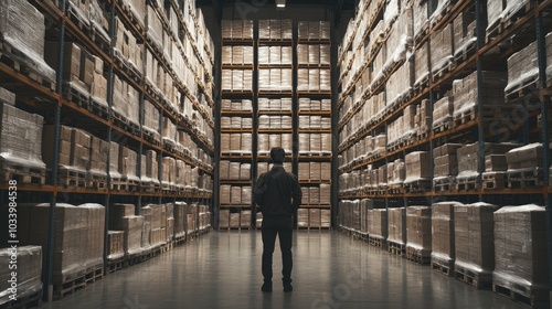 Employee examining the arrangement of goods on racks, large warehouse, back view