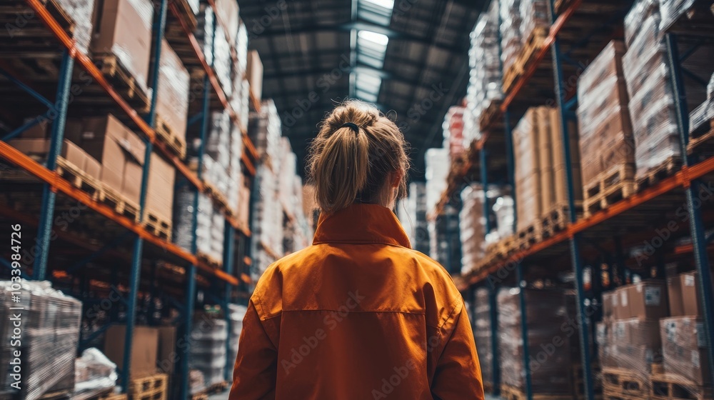Employee examining the arrangement of goods on racks, large warehouse, back view Employee examining the arrangement of goods on racks, large warehouse, back view