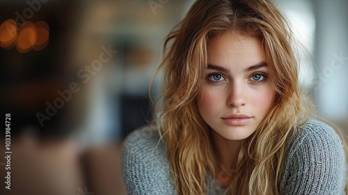 Young Woman With Wavy Hair Looking Intently At Camera In Soft Indoor Light
 photo