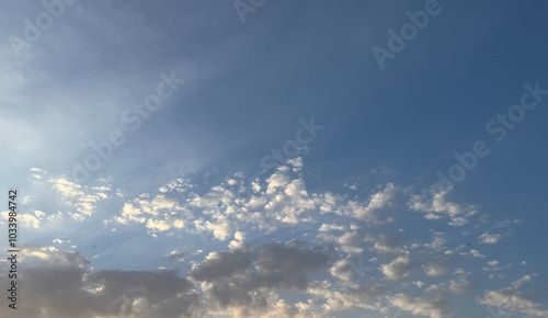 Beautiful sunrise Beams of light shine through the clouds. clean sky clouds.