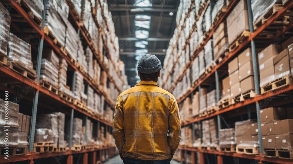 Employee examining the arrangement of goods on racks, large warehouse, back view Employee examining the arrangement of goods on racks, large warehouse, back view