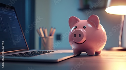 Piggy bank next to a laptop, representing online banking and digital savings.