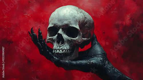 A Hand with Dark Skin Holding Up an Old Skull Against a Solid Black Background 