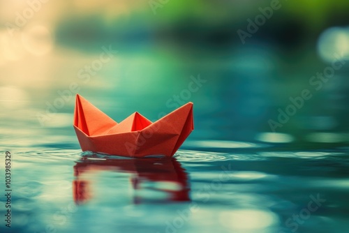 A small paper boat floats on the surface of the water, with a calm atmosphere #1033985329