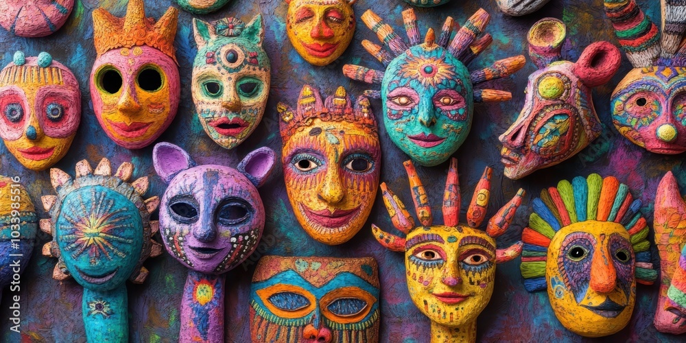 Colorful, hand-painted masks on a dark wall. Colorful, hand-painted masks on a dark wall.