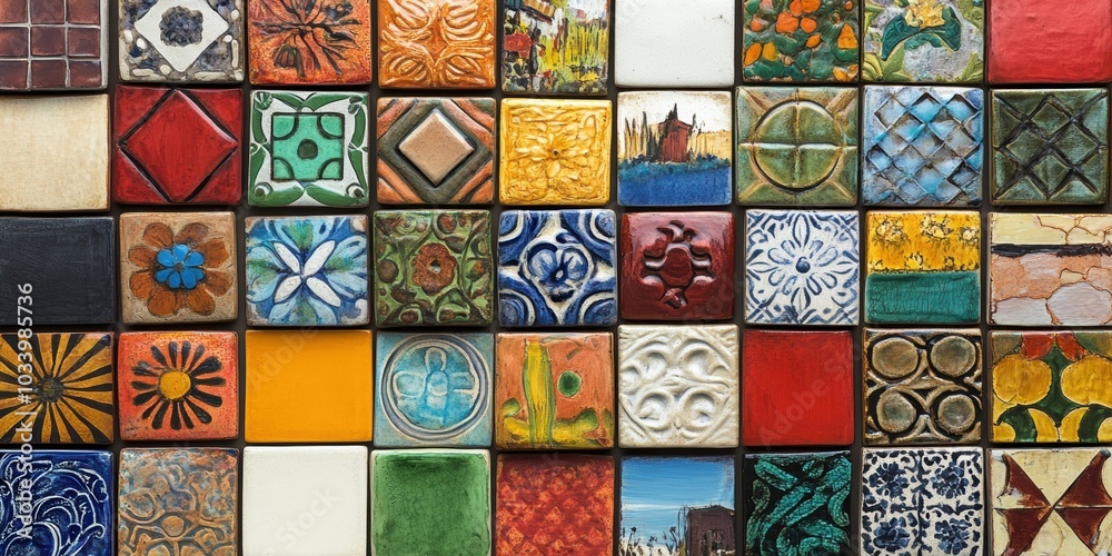 Colorful, patterned, ceramic tiles arranged in a grid. Colorful, patterned, ceramic tiles arranged in a grid.