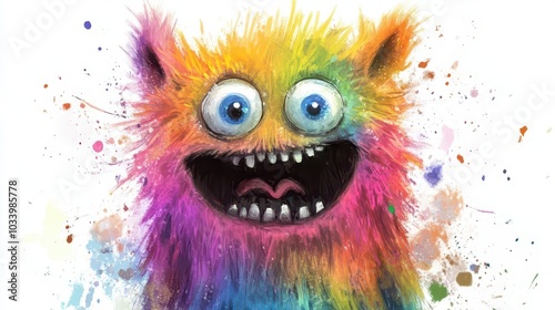 Furry monster with multicolored fur, excited expression, watercolor style
