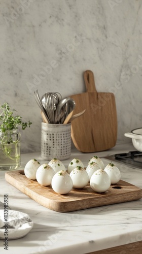 An empty scene featuring blank mockup template (a gourmet kitchen filled with culinary tools, focusing on the preparation of exotic deviled egg variations), 
