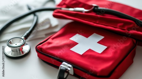 bright red first aid kit with a white cross symbol on its front