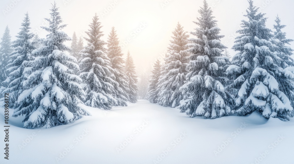 Snowy Coniferous Forest Path Under a Misty Sky Snowy Coniferous Forest Path Under a Misty Sky