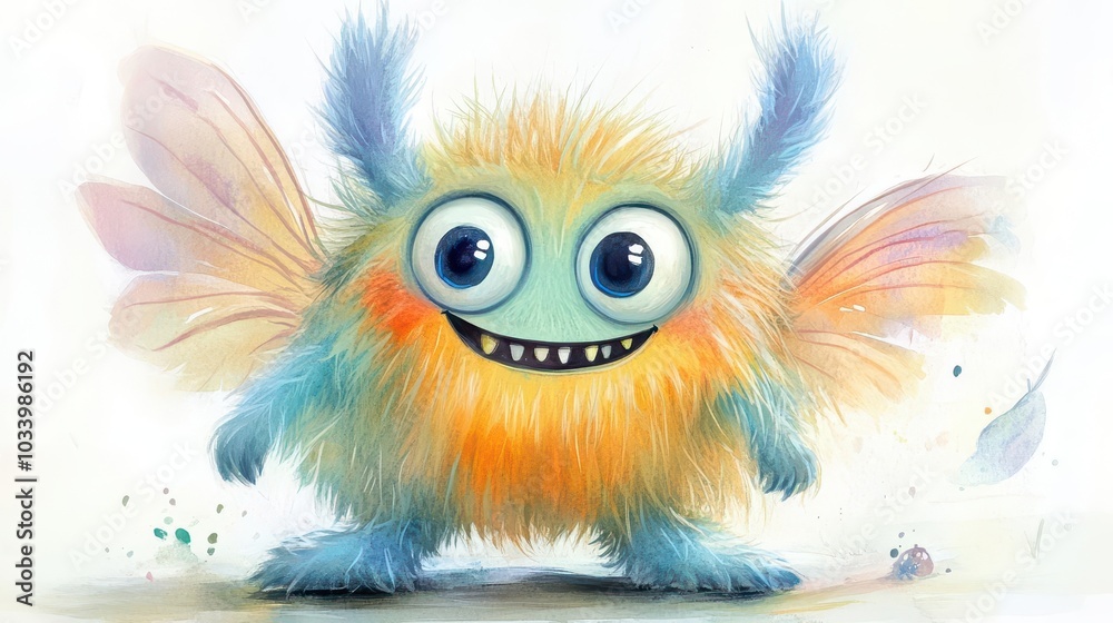 Fototapeta premium Playful monster, soft fur, tiny wings, bright expression, watercolor style