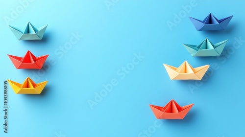 Leadership Concept with Paper Boats. Set of colorful origami ships on blue background.