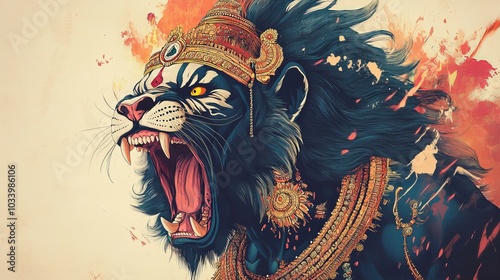 Majestic Roaring Narsimha - Vibrant Hindu God with Traditional Ornaments on Minimalist Background photo