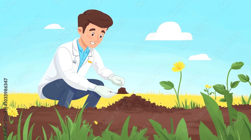 Scientist examining soil in a vibrant, sunny field with blooming flowers. Scientist examining soil in a vibrant, sunny field with blooming flowers.
