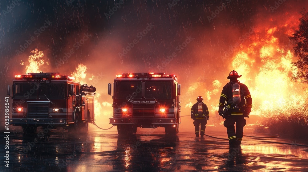 Firefighters with fire trucks Firefighters with fire trucks