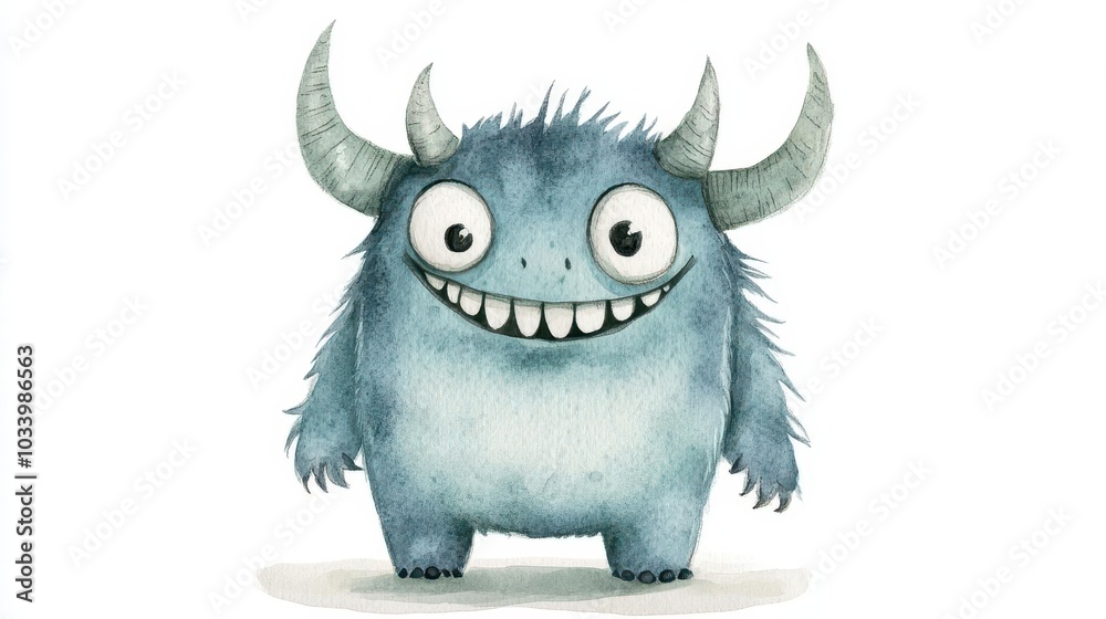 Small monster with horns, grinning face, soft textures, watercolor style Small monster with horns, grinning face, soft textures, watercolor style