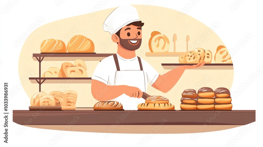 Smiling baker holding freshly baked bread in a bakery, warm atmosphere. Smiling baker holding freshly baked bread in a bakery, warm atmosphere.