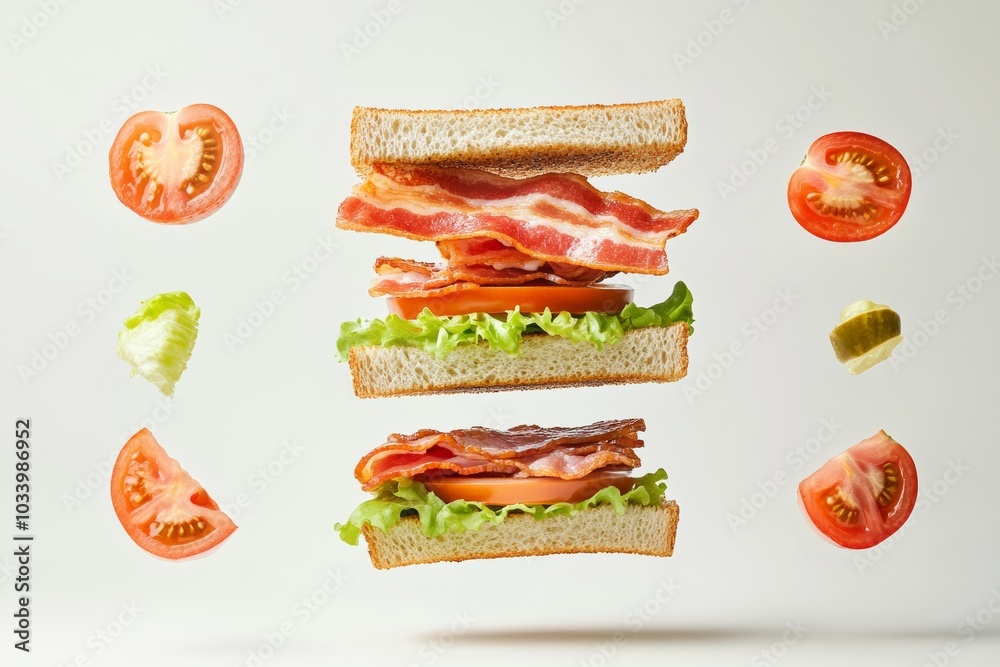 Ingredients for a BLT sandwich--bacon, lettuce, tomato, and bread, floating and assembling into a sandwich, minimal background with copy space Ingredients for a BLT sandwich--bacon, lettuce, tomato, and bread, floating and assembling into a sandwich, minimal background with copy space
