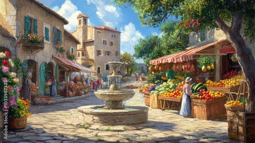 Fototapeta premium A sunny, picturesque Italian town square with a fountain.