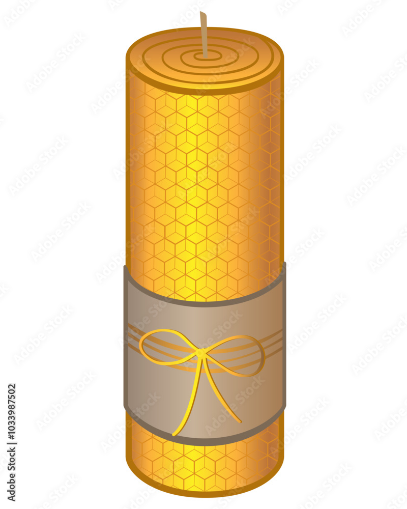 Handmade candle made of natural wax - vector full color picture. Decorative eco-friendly candle with label and bow Handmade candle made of natural wax - vector full color picture. Decorative eco-friendly candle with label and bow