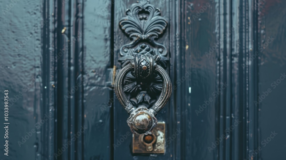 close up view of ornate black door knocker on dark wooden door, showcasing intricate details and craftsmanship. elegant design adds touch of sophistication to entrance close up view of ornate black door knocker on dark wooden door, showcasing intricate details and craftsmanship. elegant design adds touch of sophistication to entrance