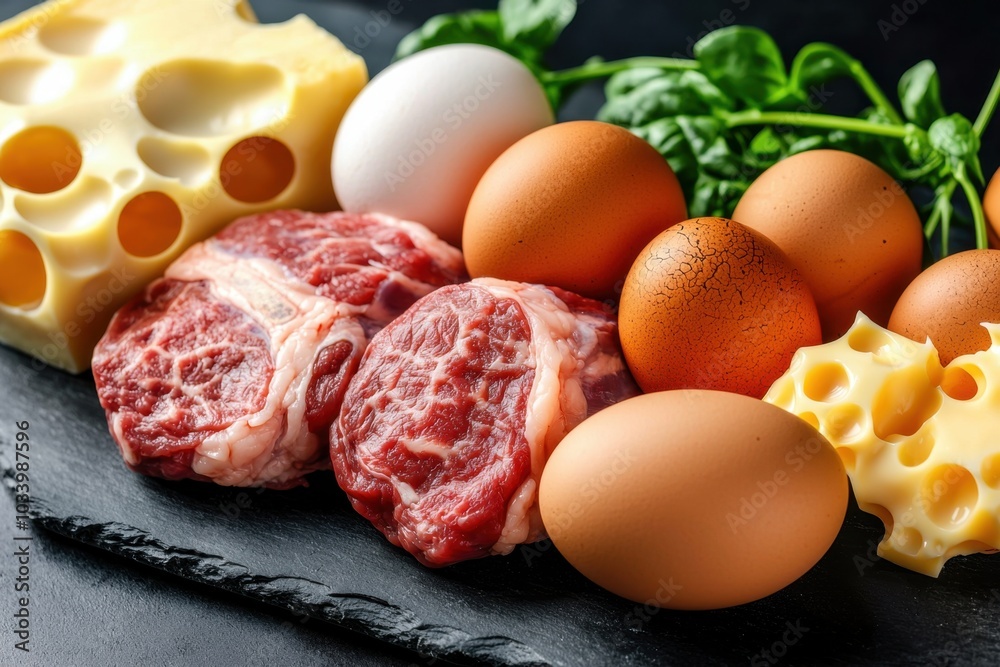 A vibrant assortment of eggs meat cheese and greens arranged on a slate platter showcasing fresh ingredients perfect for cooking A vibrant assortment of eggs meat cheese and greens arranged on a slate platter showcasing fresh ingredients perfect for cooking