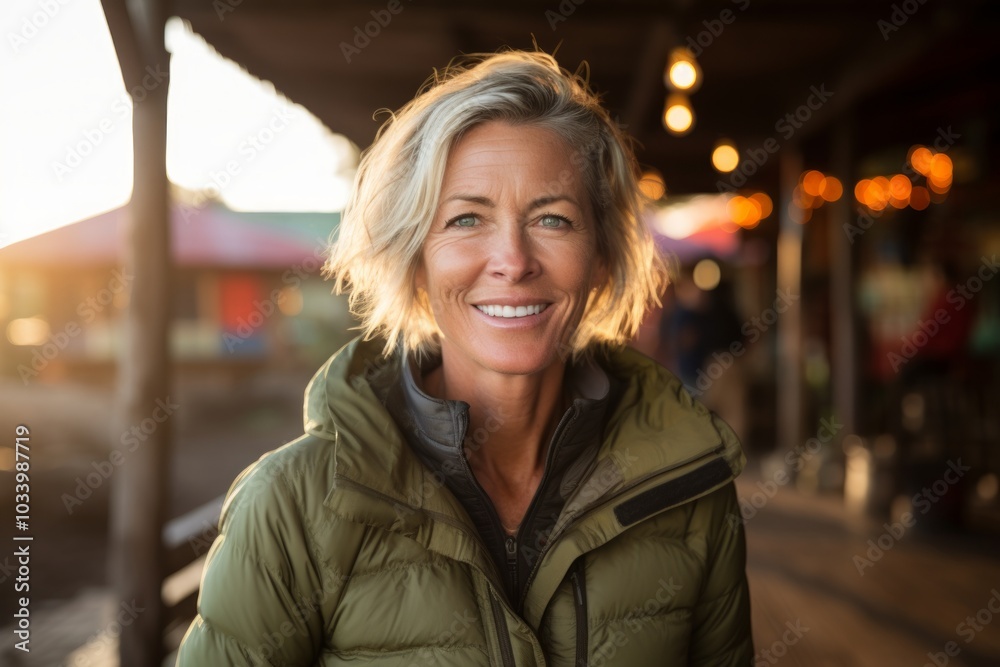 Portrait of a grinning woman in her 50s donning a durable down jacket on tropical beach bar background Portrait of a grinning woman in her 50s donning a durable down jacket on tropical beach bar background