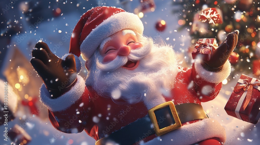 santacros with snowflakes, gifts the scene should be on the side and use the colors of Christmas santacros with snowflakes, gifts the scene should be on the side and use the colors of Christmas